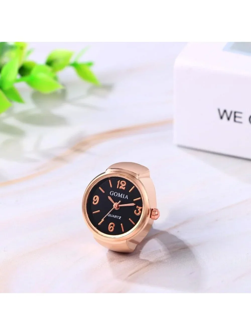 Unisex Rose Gold Analog Quartz Stretchy Elastic Band Analogue Finger Ring Watch